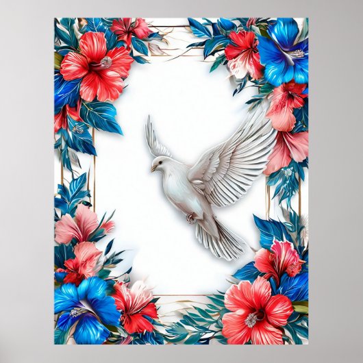 Witte duif in sierlijke blauwe lijst poster (Voorkant)