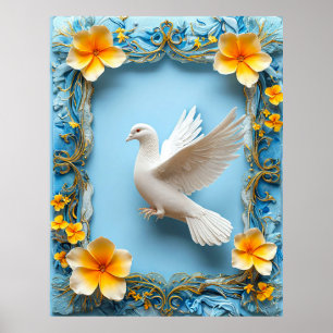 Witte duif in sierlijke blauwe lijst poster