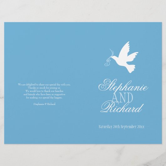 Witte duif met blue ribbons Wedding Programme (Voorkant)