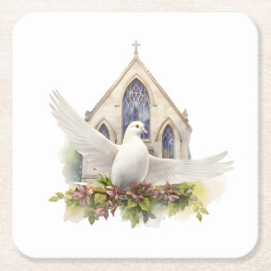 Witte Duif met Kerk Kartonnen Onderzetters