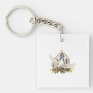 Witte Duif met Kerk Sleutelhanger