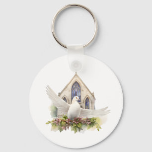 Witte Duif met Kerk Sleutelhanger