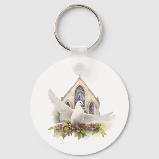 Witte Duif met Kerk Sleutelhanger (Voorkant)