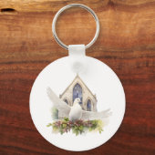Witte Duif met Kerk Sleutelhanger (Voorkant)