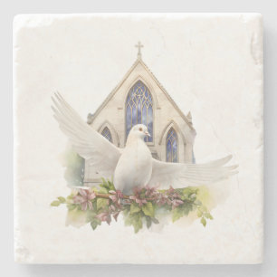 Witte Duif met Kerk Stenen Onderzetter