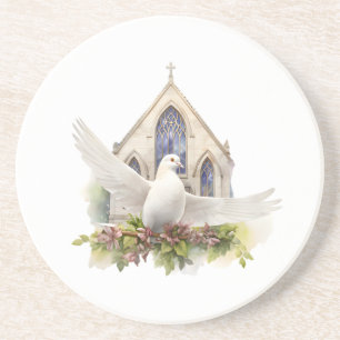 Witte Duif met Kerk Zandsteen Onderzetter
