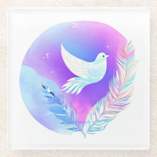 Witte duif met roze en blauwe veren glazen onderzetter (Voorkant)