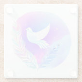 Witte duif met roze en blauwe veren glazen onderzetter (Achterkant)