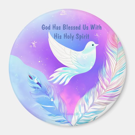 Witte duif met roze en blauwe veren magneet (Voorkant)