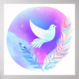 Witte duif met roze en blauwe veren poster