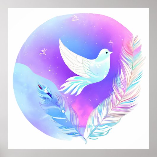 Witte duif met roze en blauwe veren poster (Voorkant)