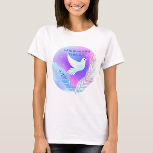 Witte duif met roze en blauwe veren t-shirt