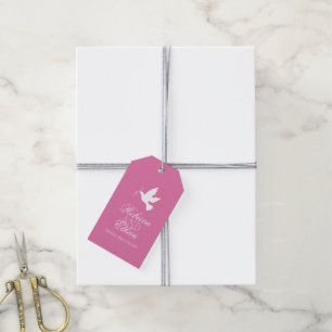 Witte duif met roze linten bruiloft gunst label cadeaulabel