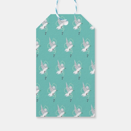 Witte duif met rozenkrans cadeaulabel (Achterkant)