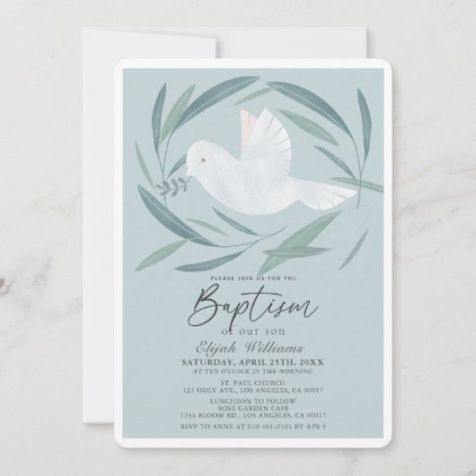 Witte Duif Olijftak Groen Blauwe Jongen Doop Kaart (Voorkant)