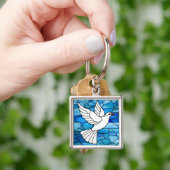 Witte duif op gebrandschilderd glas sleutelhanger (Hand)