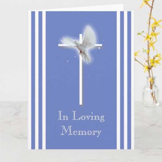 Witte duif op kruis | Persoonlijk condoleanceberic Kaart (Gele Bloem)