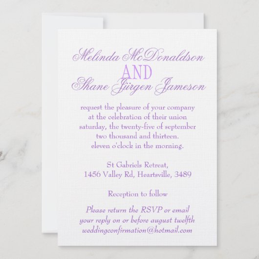 Witte duif paarse lint formele bruiloft uitnodigin kaart (Achterkant)