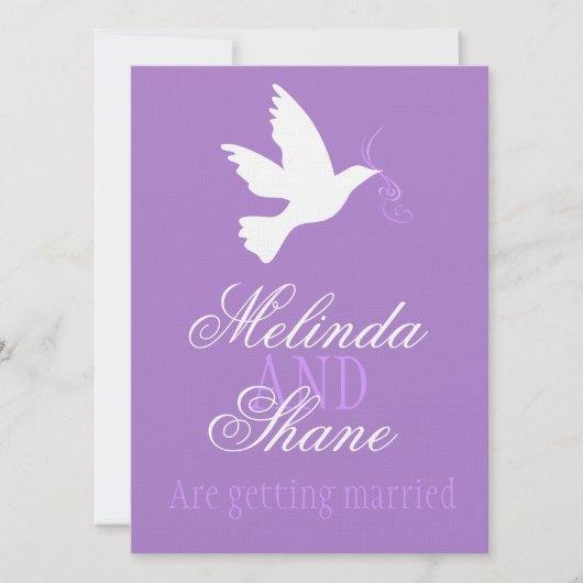 Witte duif paarse lint formele bruiloft uitnodigin kaart (Voorkant)
