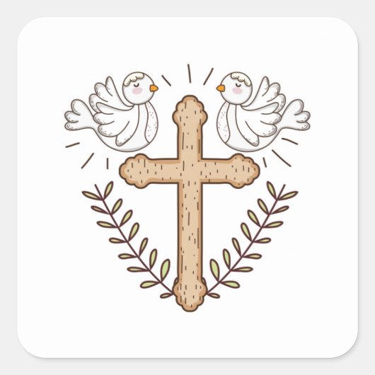 Witte Duif Religieus Kruis Doop Christening Vierkante Sticker (Voorkant)