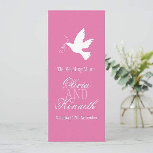 Witte duif roze en witbruiloft menu (Staand voorkant)