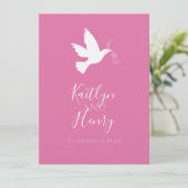 Witte duif roze linten verandering van bruiloft pl kaart (Staand voorkant)