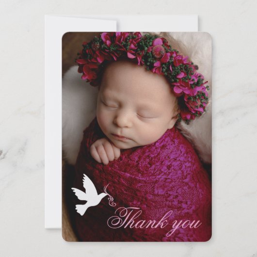 Witte duif roze meisjes doop foto dank u kaart (Voorkant)