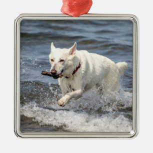 Witte Duitse Herder op Lake George Metalen Ornament