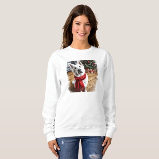 Witte Duitse Herder Vrouwen Kerst Sweatshirt (Voorkant volledig)