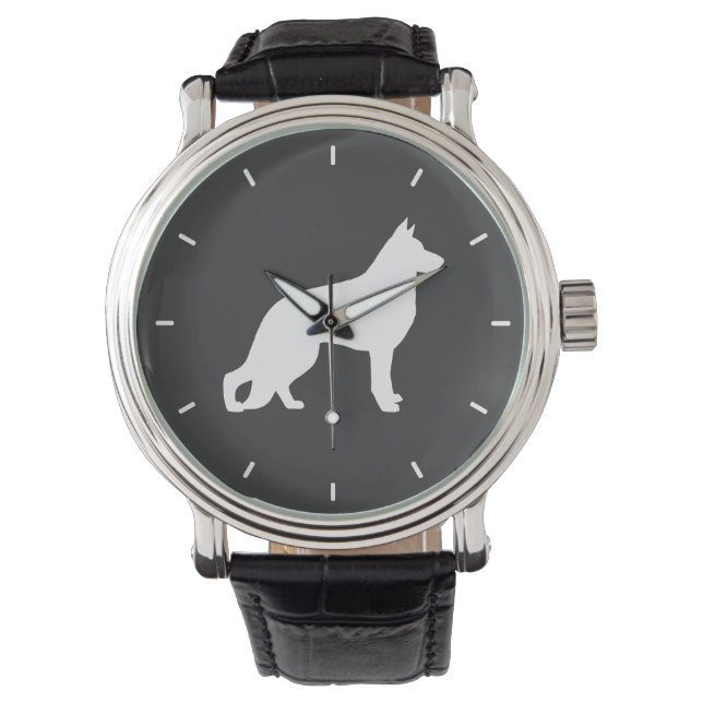 Witte Duitse Herdershond Silhouet Horloge (Voorkant)