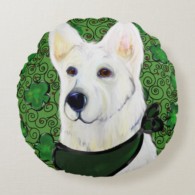 Witte Duitse Herdershond St. Patty Rond Kussen (Voorkant)