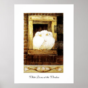 WITTE DUIVEN BIJ HET RAAM, bruin geel Poster
