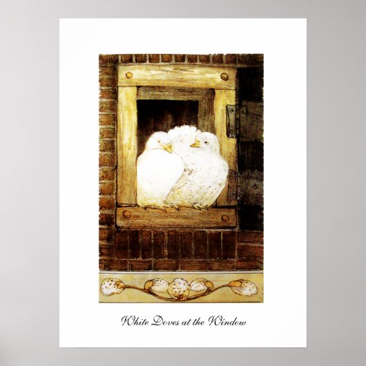 WITTE DUIVEN BIJ HET RAAM, bruin geel Poster (Voorkant)