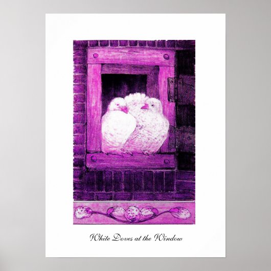 WITTE DUIVEN BIJ HET RAAM, roze paars violet Poster (Voorkant)