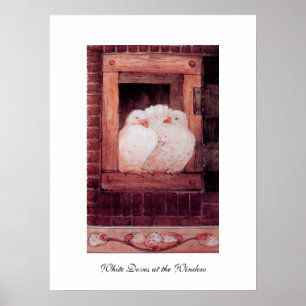 WITTE DUIVEN BIJ HET VENSTER, anique rood roze Poster