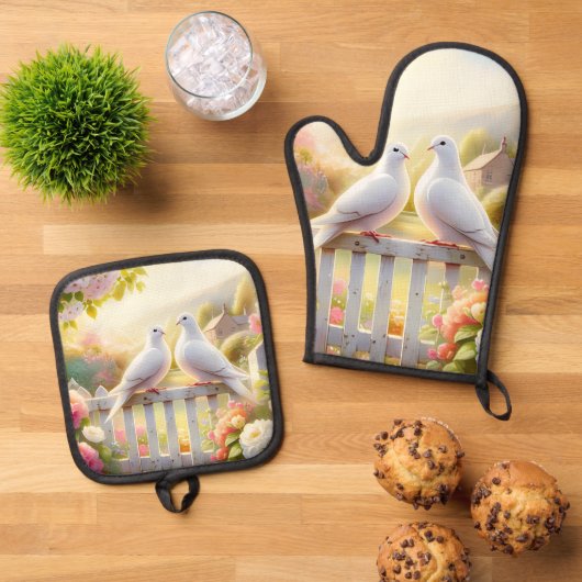 Witte Duiven Cottage Tuin Ovenwant & Pannenlap Set (Top down)