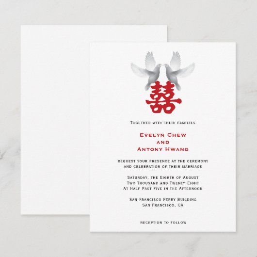 Witte duiven en dubbel geluk | Chinese bruiloft Kaart (Voorkant / Achterkant)