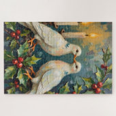 Witte Duiven en Hulst Krans Kerstmis Legpuzzel (Horizontaal)