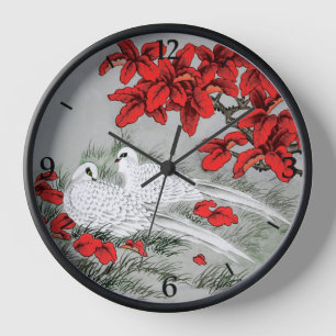 Witte Duiven en Rode Bladeren op Grijs in vintage 