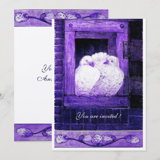 WITTE DUIVEN IN HET BLAUWE VENSTER, Bruiloftsgaste Kaart (Voorkant / Achterkant)