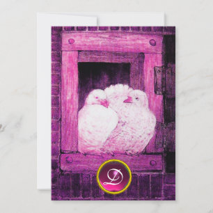WITTE DUIVEN IN ROZE PAARSE VENSTER TROUW MONOGRAM KAART