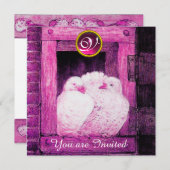 WITTE DUIVEN IN ROZE VENSTER, TROUWEDAG MONOGRAM KAART (Voorkant / Achterkant)