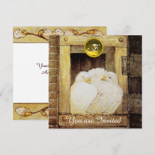 WITTE DUIVEN IN VENSTER BRUINE GELE TROUWPARTY KAART (Voorkant / Achterkant)