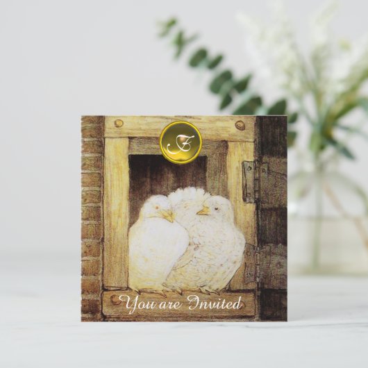 WITTE DUIVEN IN VENSTER BRUINE GELE TROUWPARTY KAART (Staand voorkant)