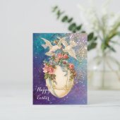 WITTE DUIVEN MET PAASEI, BLAUWE BOOG, ROZE ROZEN FEESTDAGENKAART (Staand voorkant)