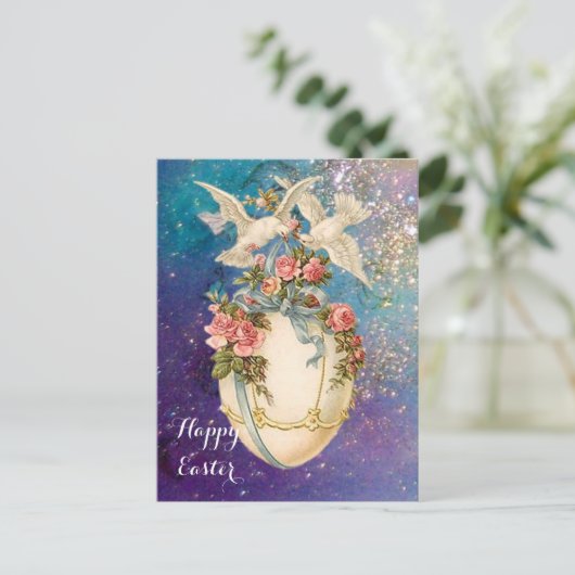 WITTE DUIVEN MET PAASEI, BLAUWE BOOG, ROZE ROZEN FEESTDAGENKAART (Staand voorkant)