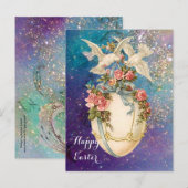 WITTE DUIVEN MET PAASEI, BLAUWE BOOG, ROZE ROZEN FEESTDAGENKAART (Voorkant / Achterkant)