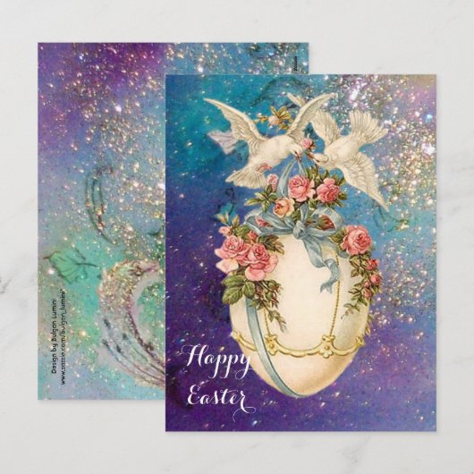 WITTE DUIVEN MET PAASEI, BLAUWE BOOG, ROZE ROZEN FEESTDAGENKAART (Voorkant / Achterkant)