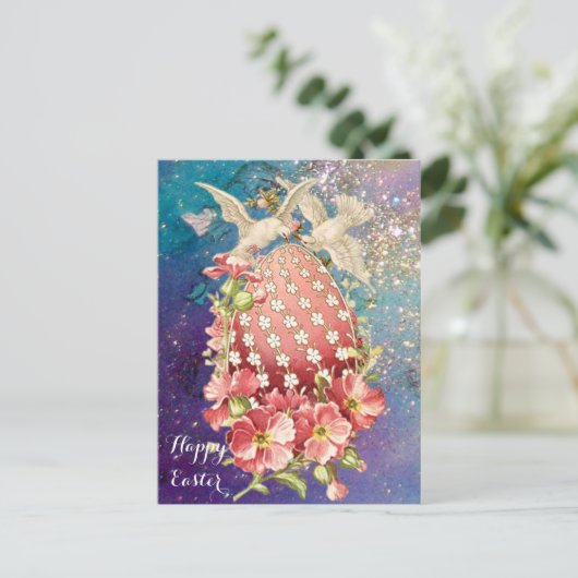 WITTE DUIVEN, PAASEI EN ROZE BLOEMEN IN BLAUW FEESTDAGENKAART (Staand voorkant)