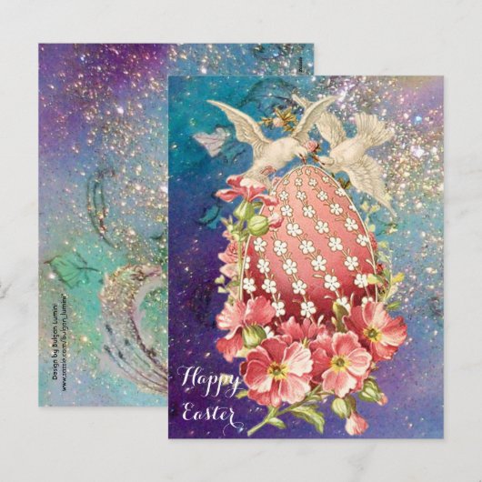 WITTE DUIVEN, PAASEI EN ROZE BLOEMEN IN BLAUW FEESTDAGENKAART (Voorkant / Achterkant)